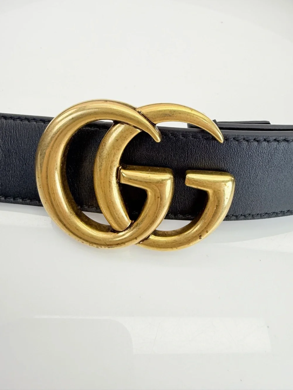 Authentic Gucci Slim Leather Marmont Gg Double Mens Belt Black 80/32” 414516